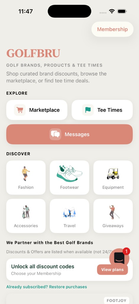 The GOLFBRU app home screen — brand discounts, marketplace and tee times