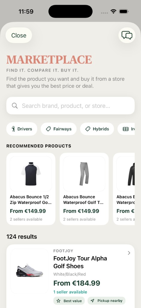 The GOLFBRU app marketplace — search products and compare seller prices