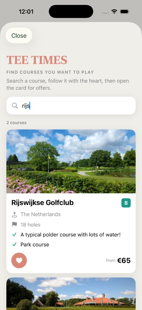 The GOLFBRU app tee times — search courses, follow them and open offers